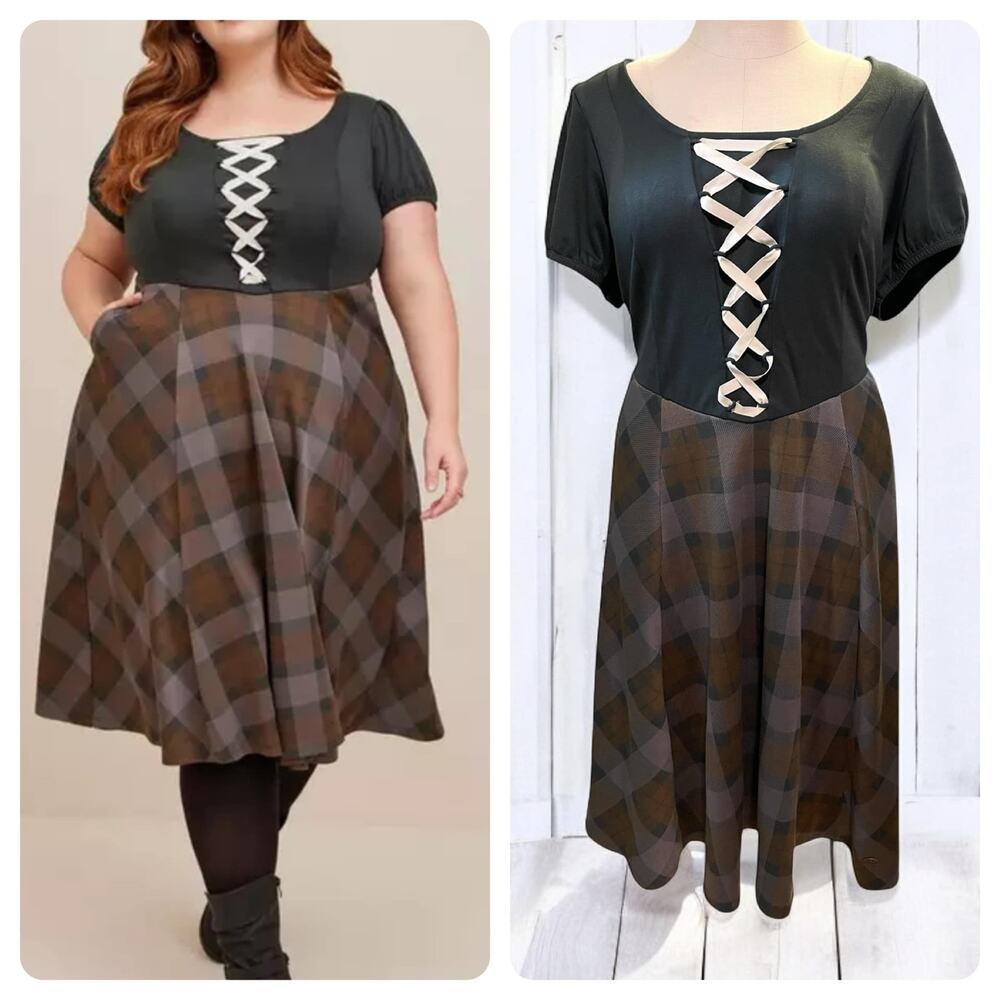 Torrid 3 (3X 22/24) Outlander Tartan Plaid Midi Double Knit Corset Lace Up Dress
